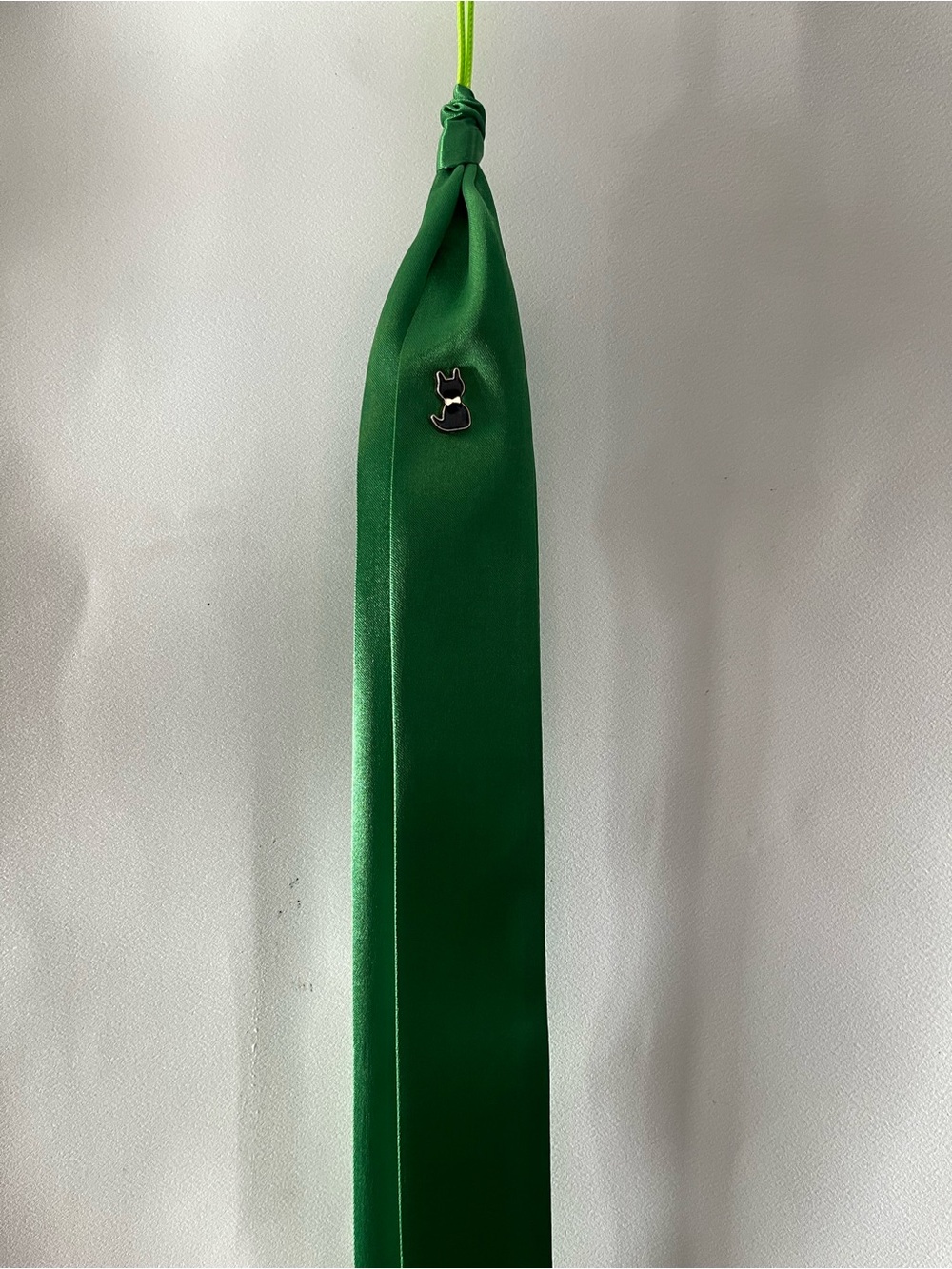 Green Satin Necktie with Cat Lapel Pin - Men Accessories
